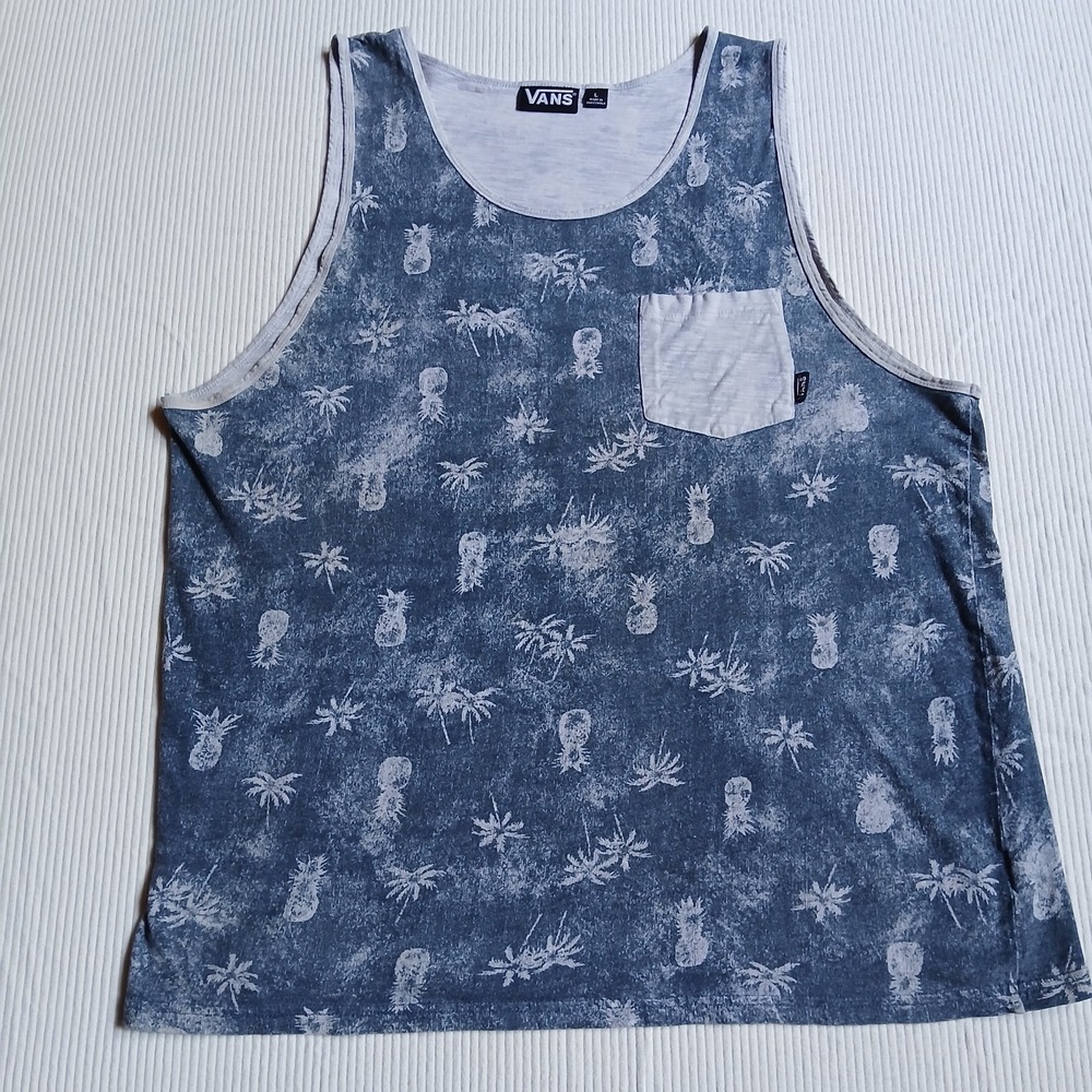 Vans Mens Tropical Pineapple Print Tank Top Blue Grey Pocket Size L